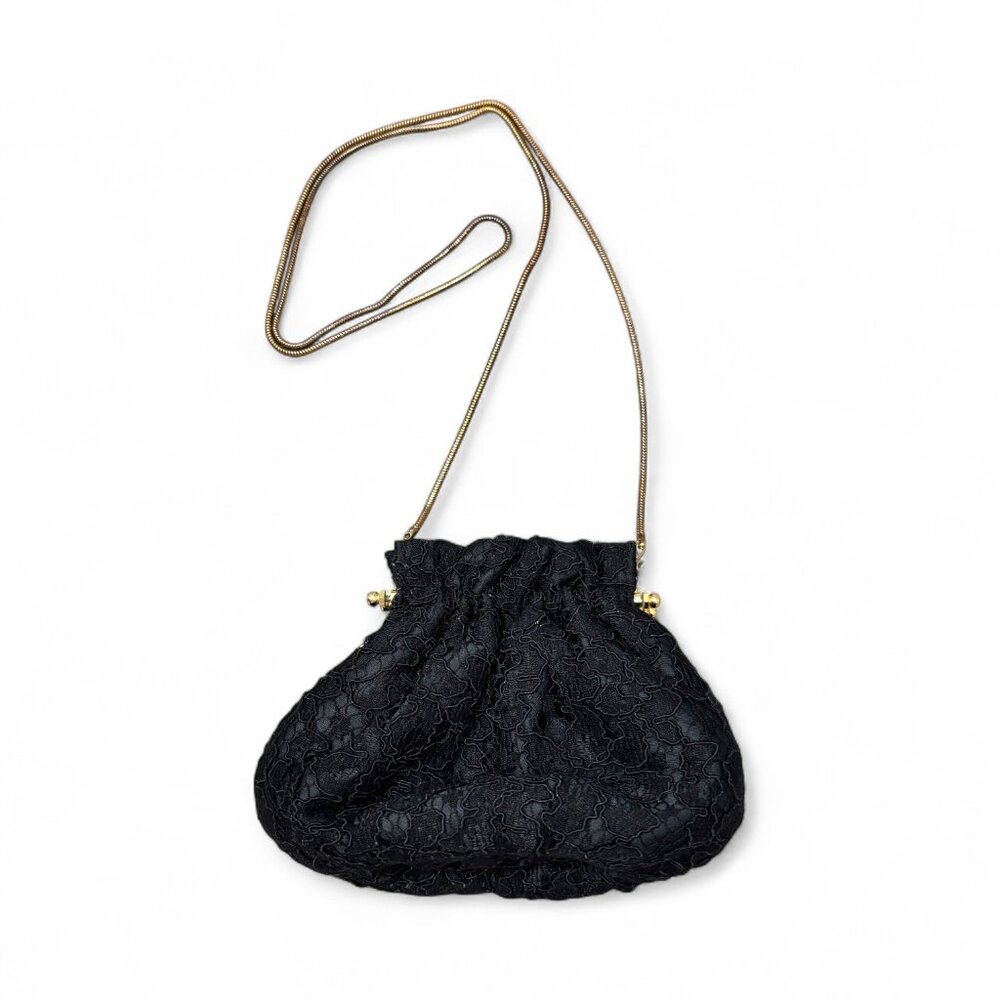 Carla Marchi Vintage Small Lace Evening Clutch Black Satin Gold Chain Bag
